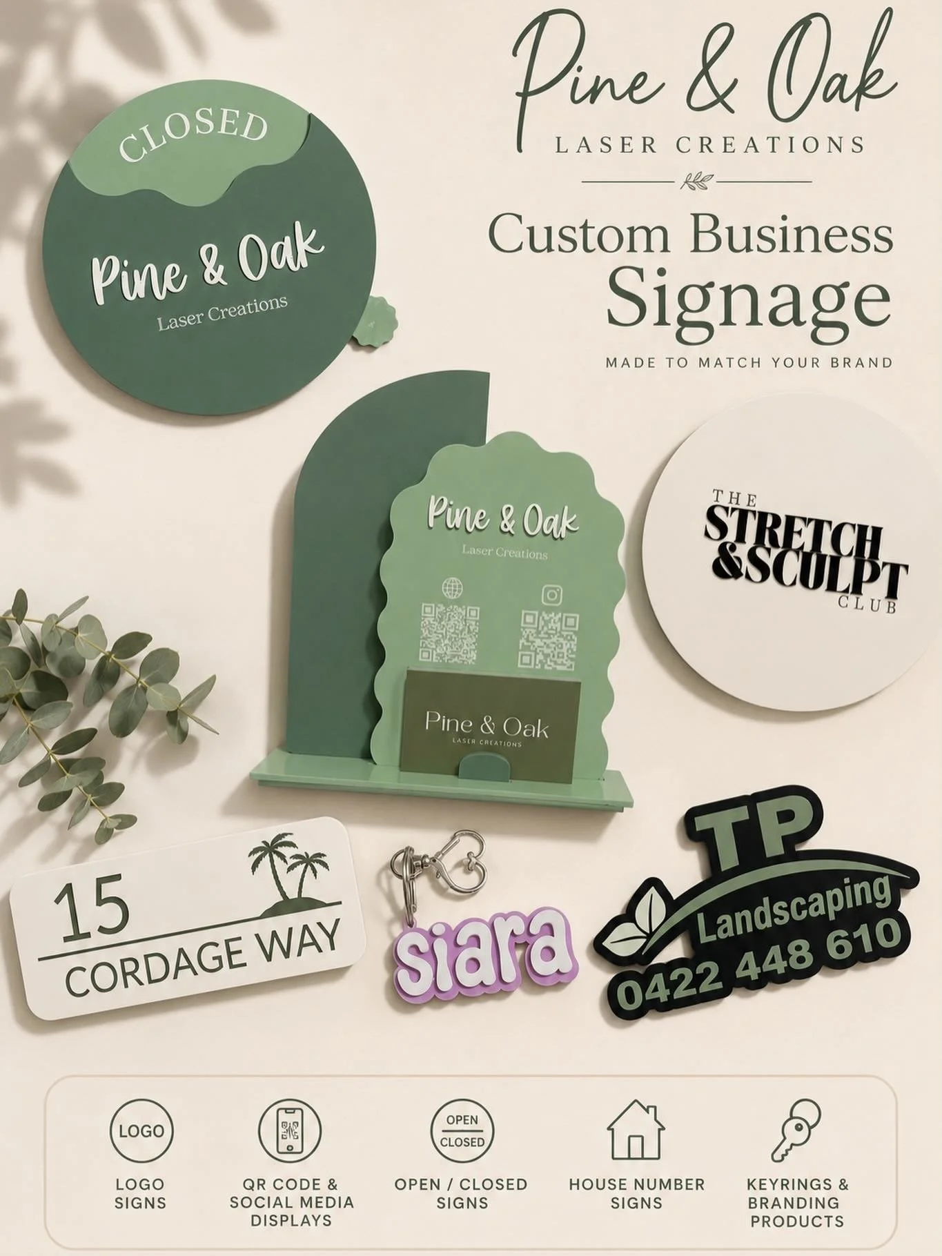 ✨ Your Brand Deserves Signage That Stands Out ✨

From logo signs and QR code displays to house number signs, keyrings and custom business branding &mdash; we create signage that&rsquo;s designed to make an impression.

🌿 Custom Logo Signs
📱 QR Code