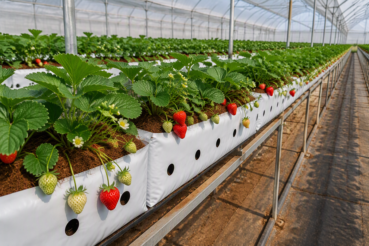 Rows of strawberry plants growing in a greenhouse with ripe and unripe strawberries hanging from the plants.