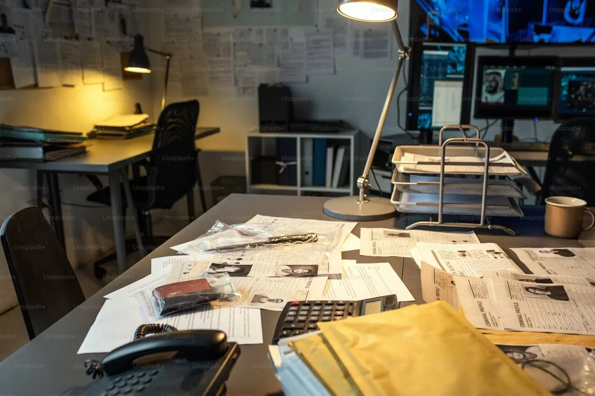 Messy office desk with scattered papers, a telephone, a calculator, and a yellow file folder, with other office furniture and computer monitors in the background.