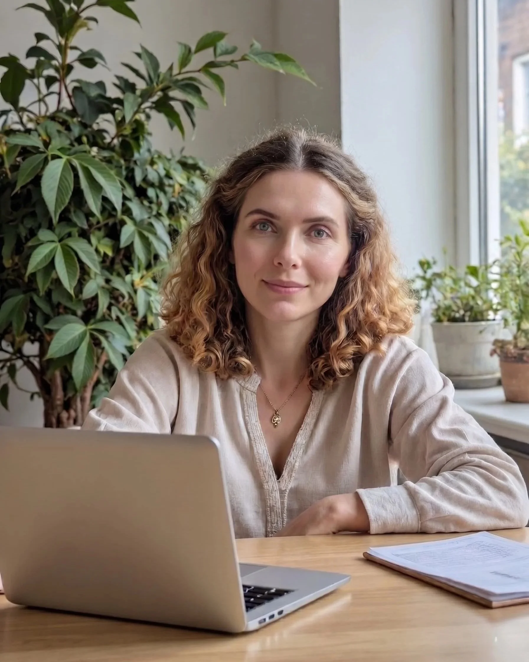 A woman with curly hair sitting at a desk working on a laptop, with a plant and a window behind her and papers on the desk.