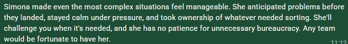 Text excerpt about Simona managing complex situations calmly and efficiently, emphasizing her preparedness, calmness under pressure, and leadership qualities.
