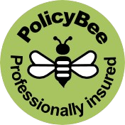 Logo of PolicyBee with a bee illustration and the text 'PolicyBee professionally insured' on a green background.