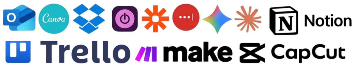 A collection of icons representing various productivity and note-taking apps arranged from left to right, including Outlook, Canva, Dropbox, Toggl, Zapier, LastPass, Gemini, Claude, Notion, Trello, make and capcut, Google Workspace
