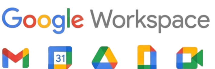 Google Workspace logo with icons of Gmail, Google Calendar, Google Drive, and Google Meet underneath.