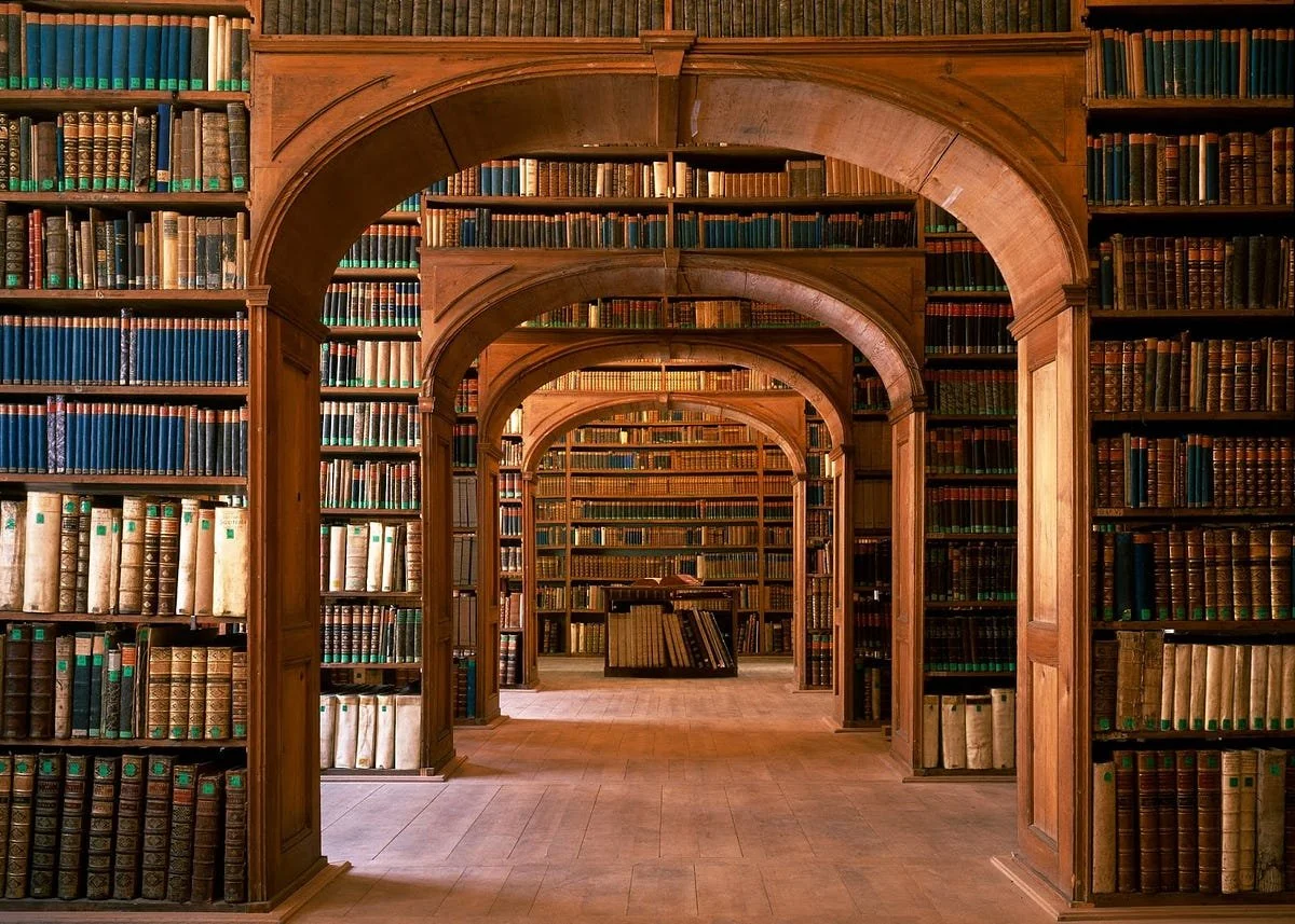 A library with wooden bookshelves and arched doorways filled with old books.