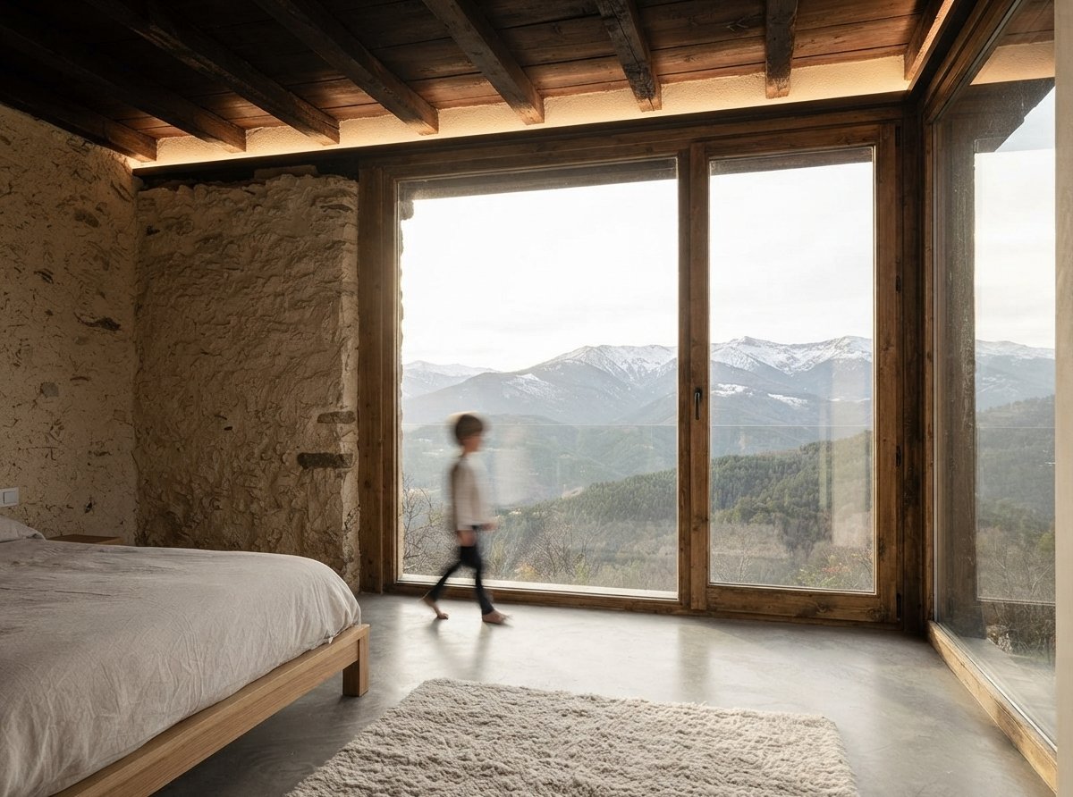 Dormitorio rústico con cama, grandes ventanales y vista a montañas nevadas; una persona camina frente al vidrio.