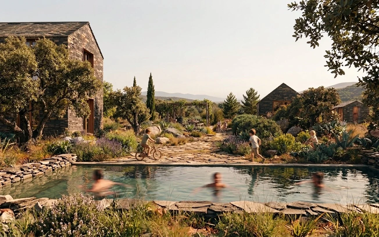 Aldea rural de piedra con piscina natural, niños jugando, jardín mediterráneo y montañas al fondo.