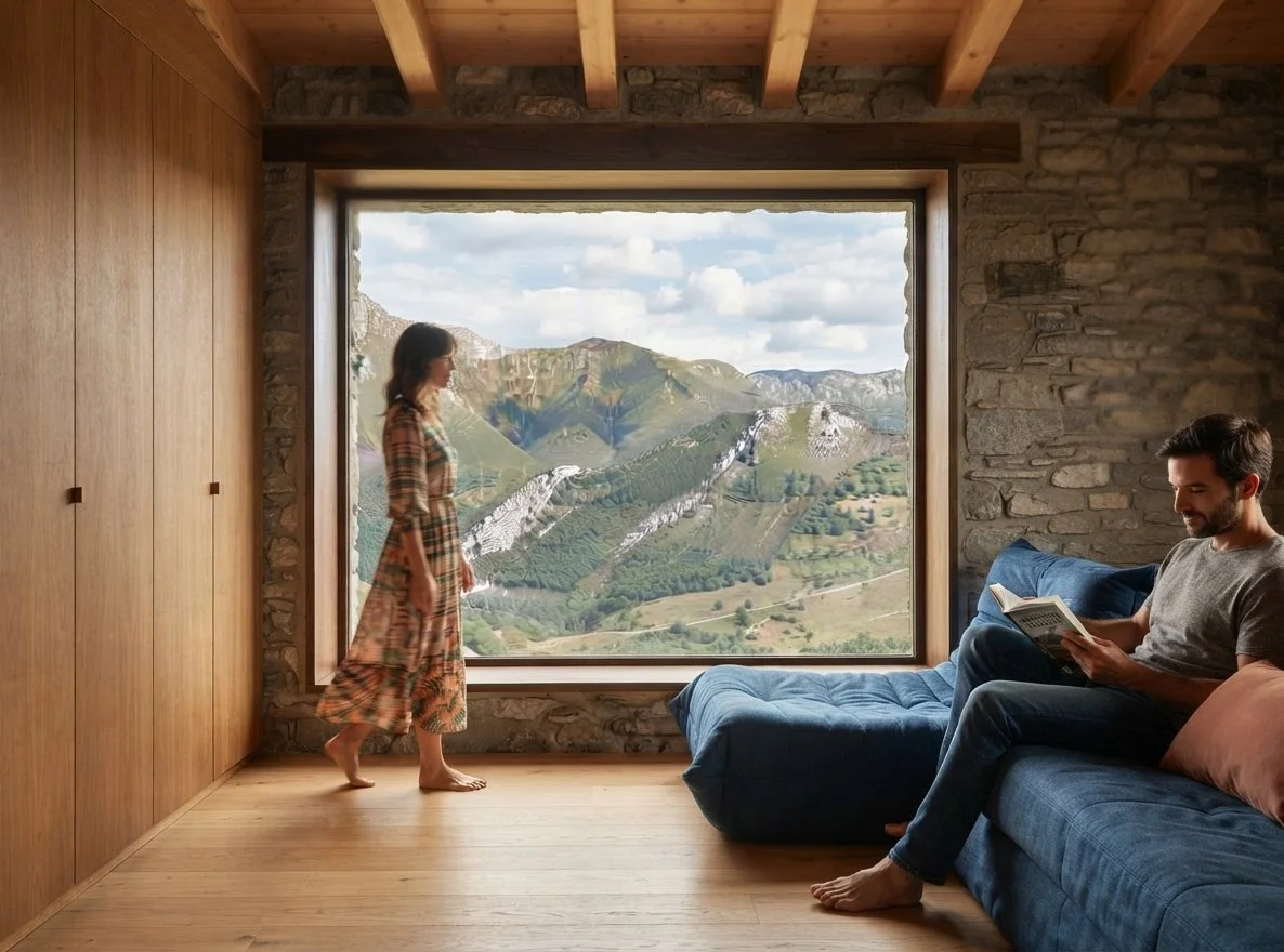 Pareja en una sala rústica de piedra y madera, con un hombre leyendo en un sofá y una mujer frente a una ventana con vista a montañas.