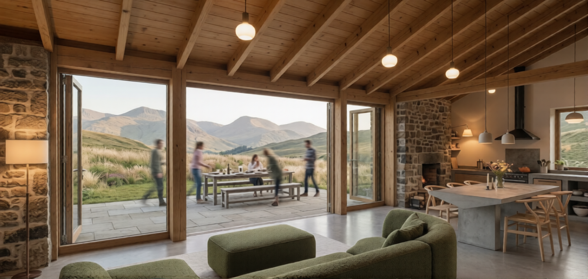 Casa de campo moderna con sala y cocina de piedra y madera, amplios ventanales, personas comiendo en el patio y montañas al fondo.