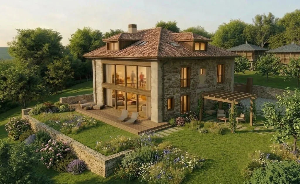 Casa rústica de piedra con techo de tejas, amplio jardín florido, terraza y pérgola rodeada de árboles.