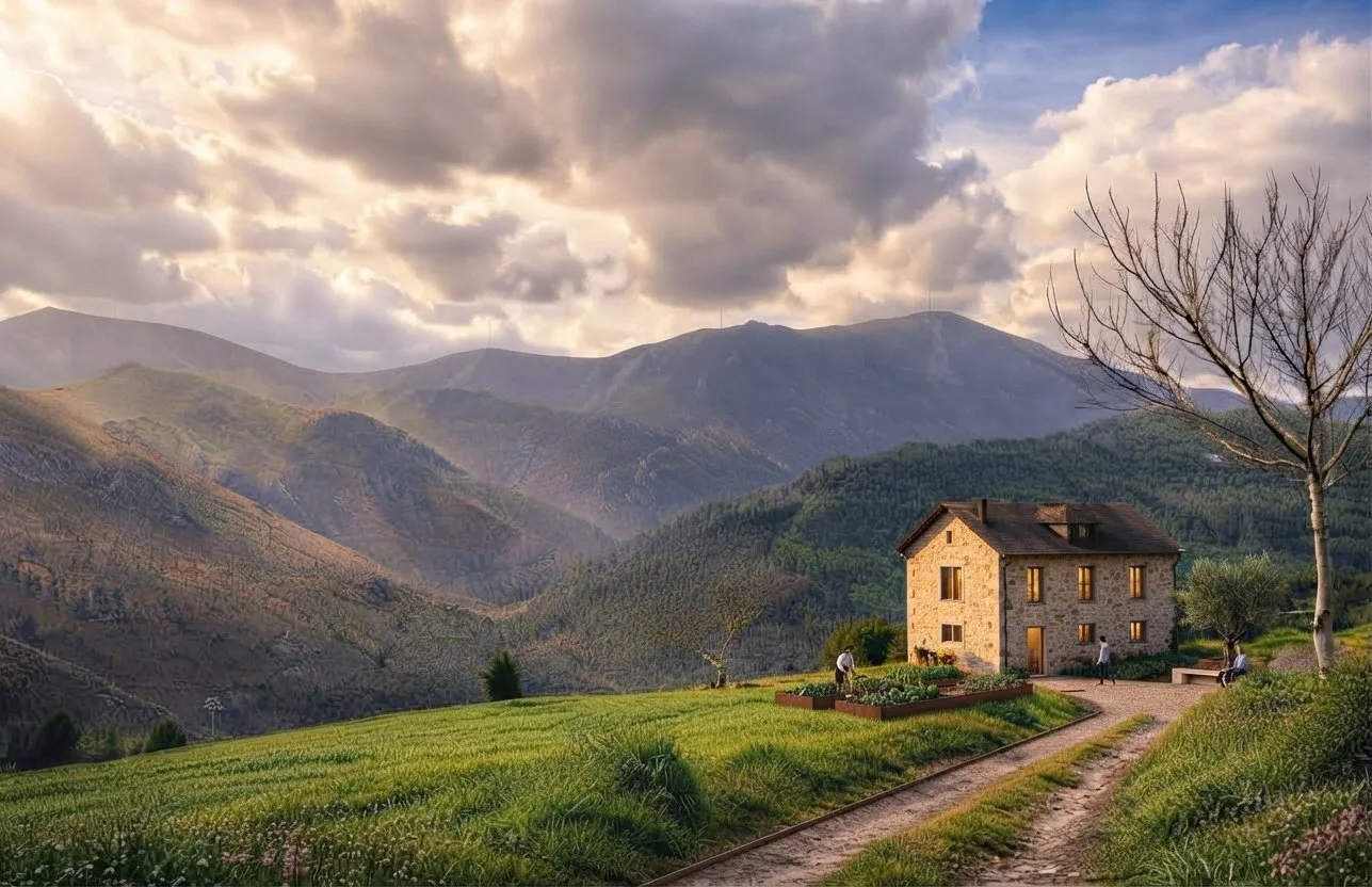 Casa rural de piedra rodeada de jardines y montañas boscosas bajo un cielo nublado al atardecer.