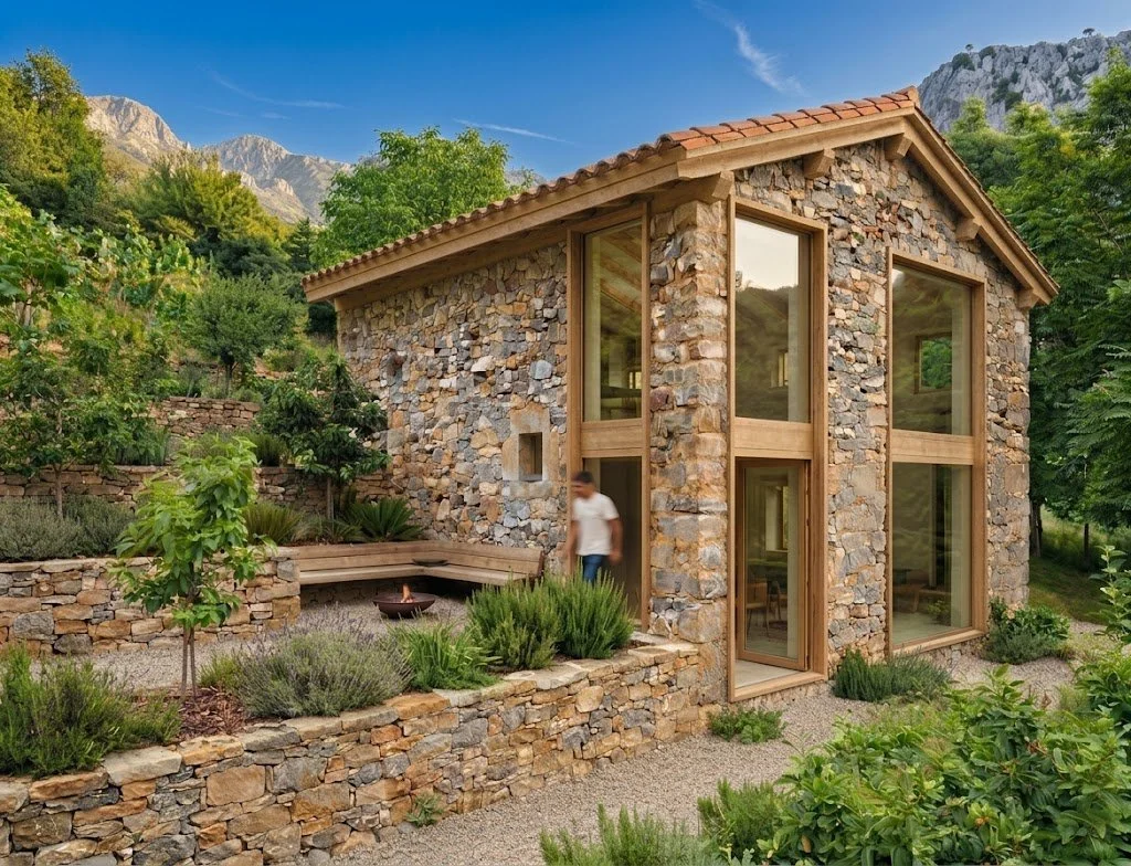 Casa moderna de piedra con grandes ventanales, jardín escalonado y montañas al fondo