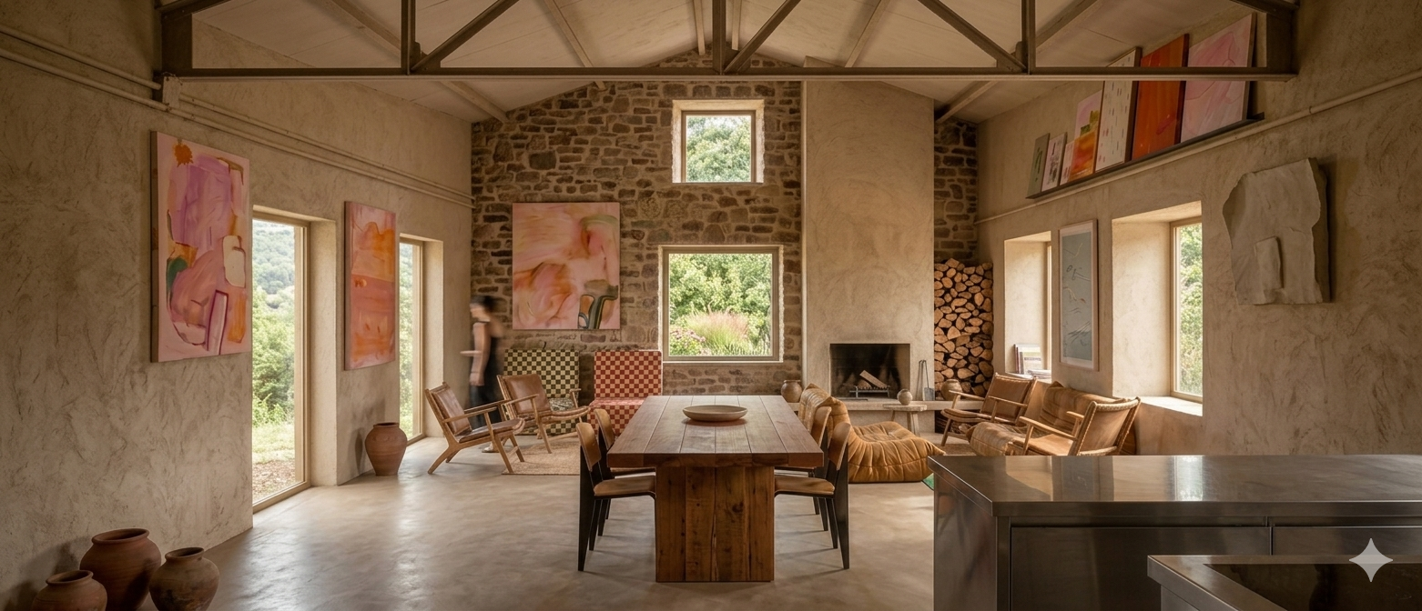 Interior de una casa rústica moderna con comedor de madera, sala, chimenea, obras de arte y paredes de piedra.