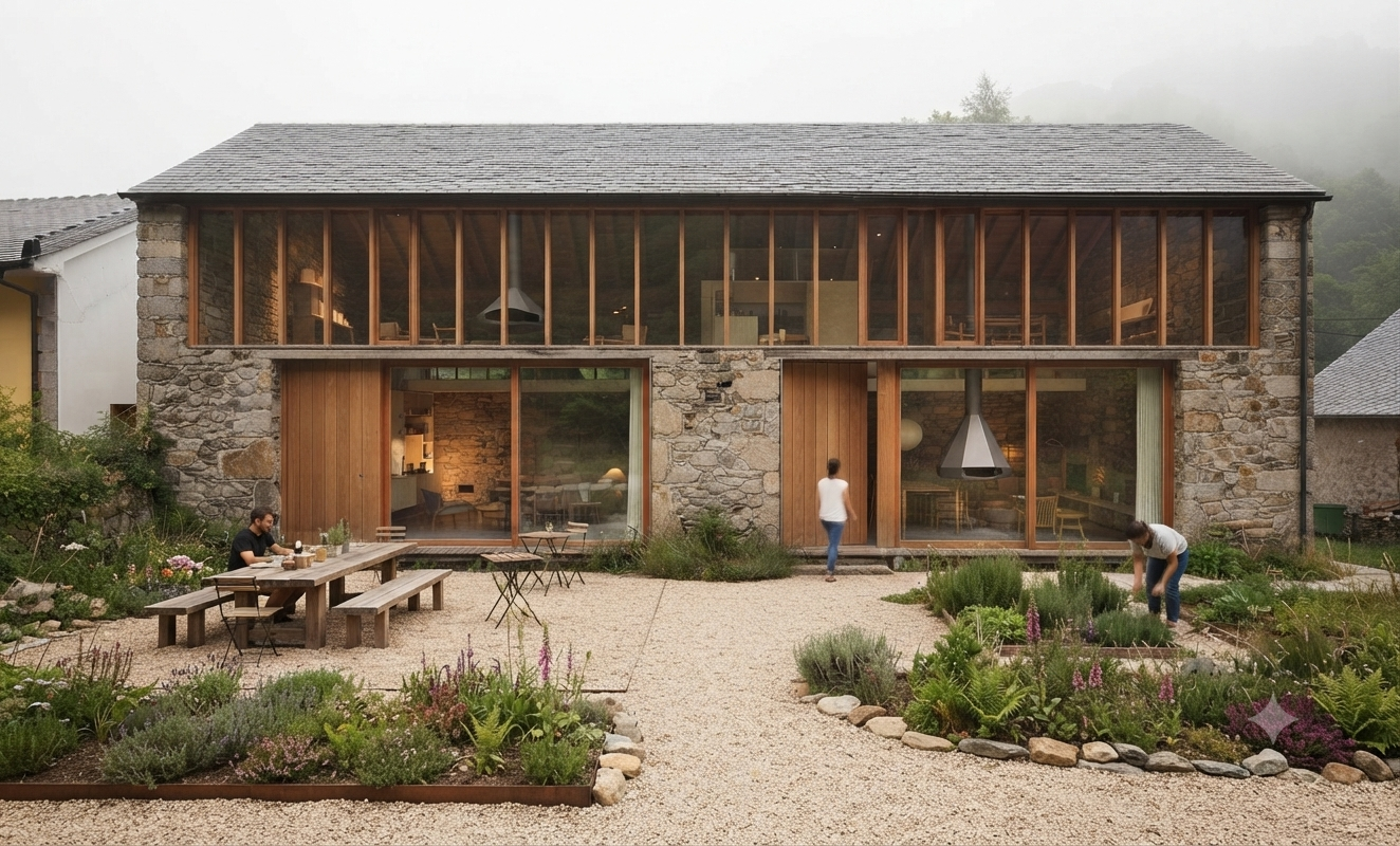 Casa rural moderna de piedra y madera con grandes ventanales, jardín de flores y personas en el patio.