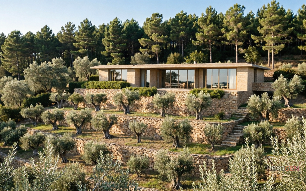 Casa moderna de piedra con grandes ventanales en una terraza de olivos, rodeada de pinos.