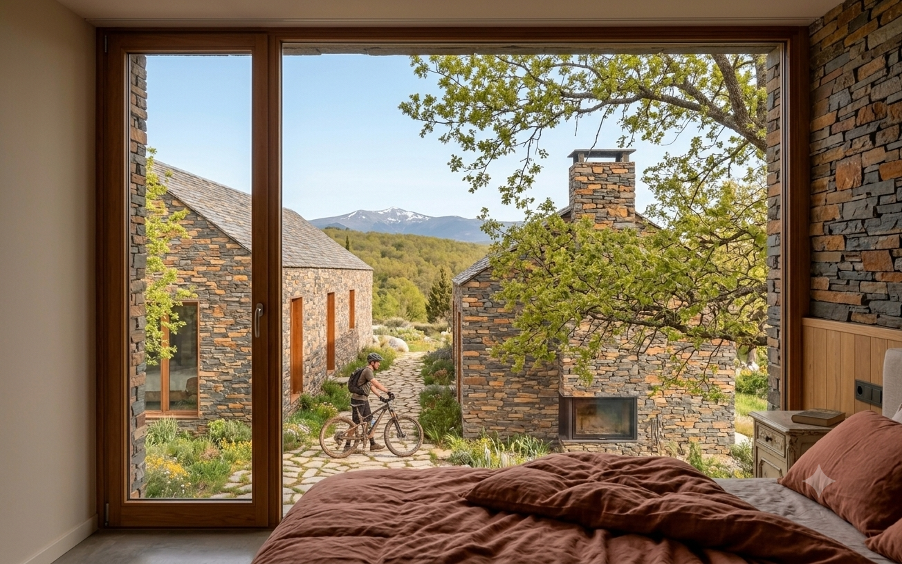 Dormitorio con cama y ventana panorámica que muestra cabañas de piedra, un ciclista, árboles y montañas al fondo.