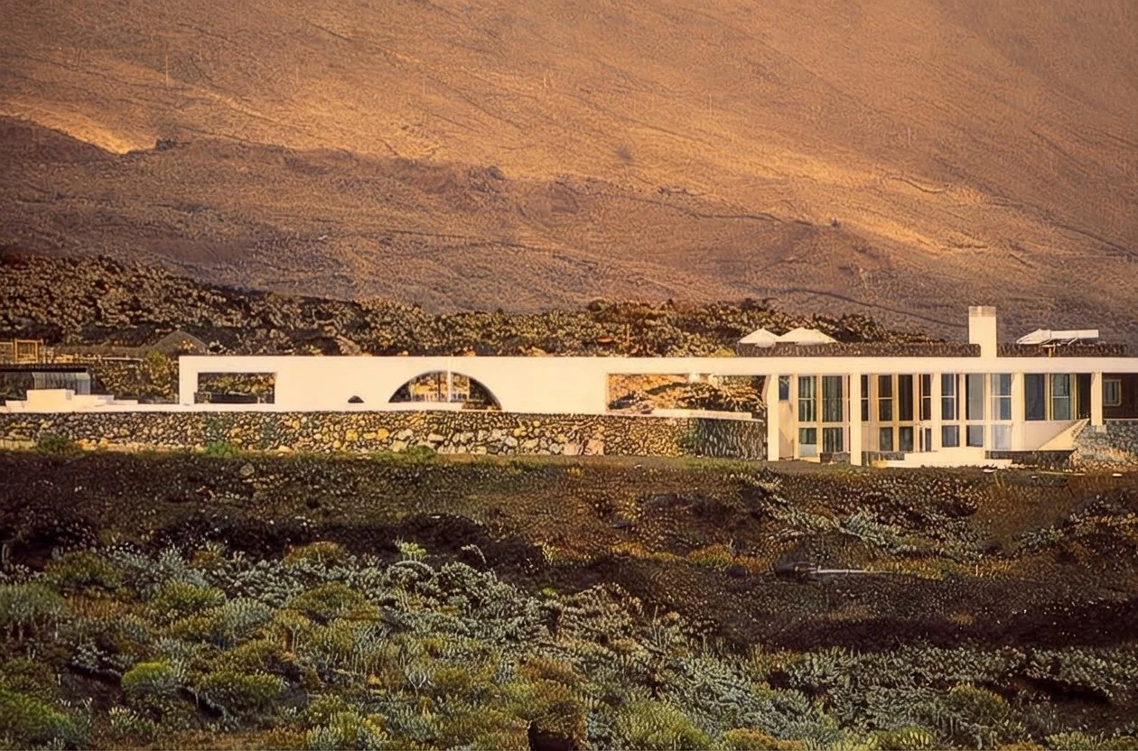 Casa moderna blanca de arquitectura minimalista entre vegetación volcánica, con una montaña árida al fondo