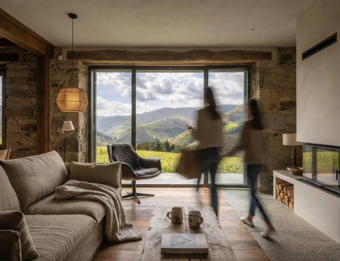 Sala rústica con sofá, chimenea moderna y dos personas frente a un ventanal con vista a montañas y campos verdes.