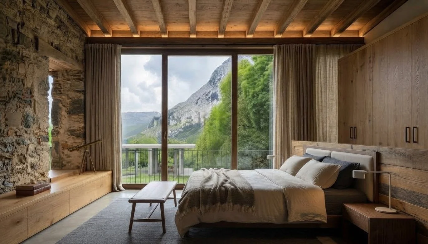 Dormitorio rústico moderno con cama matrimonial, paredes de piedra y madera, y vista panorámica de montañas desde el balcón.