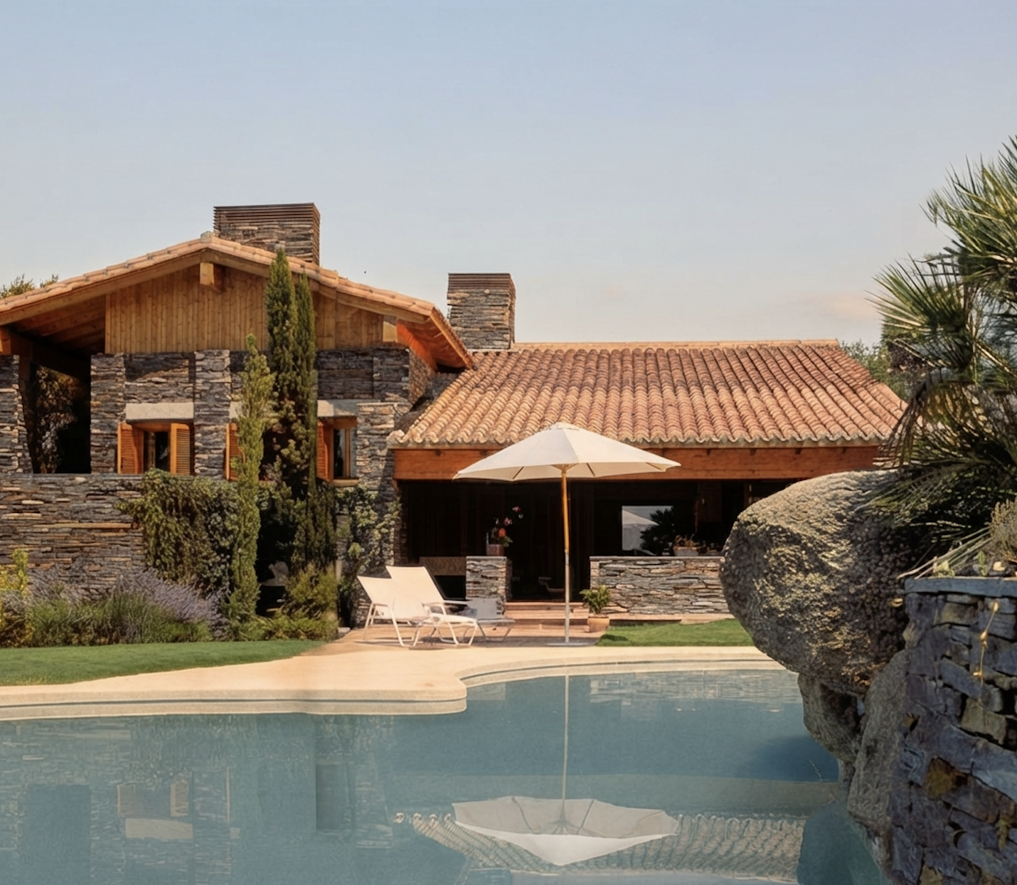 Casa rústica de piedra y madera con techo de tejas, piscina, sombrilla y jardín paisajístico.