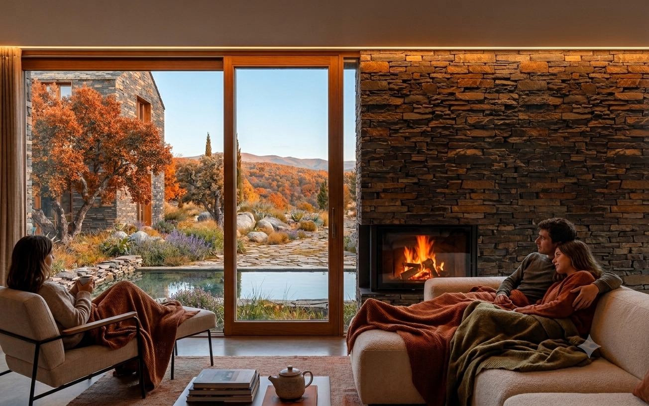 Sala acogedora con chimenea de piedra, pareja y mujer relajándose junto a grandes ventanales con vista a un paisaje otoñal y piscina exterior.
