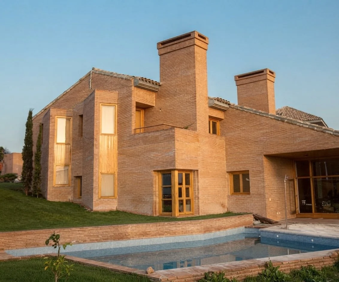Casa moderna de ladrillo con dos chimeneas, jardín y piscina exterior.