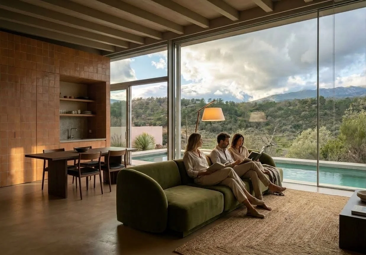 Tres personas leen en una sala moderna con grandes ventanales, piscina y paisaje montañoso al fondo.