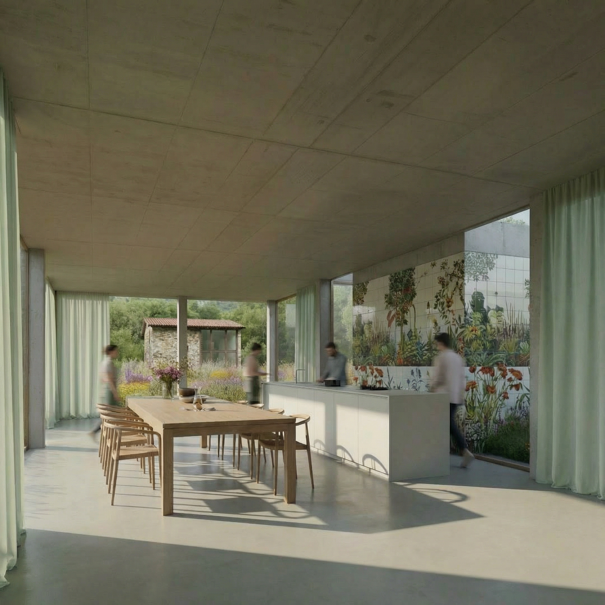Comedor moderno y luminoso con mesa de madera, sillas, cocina abierta y mural botánico, rodeado de ventanales y jardín.