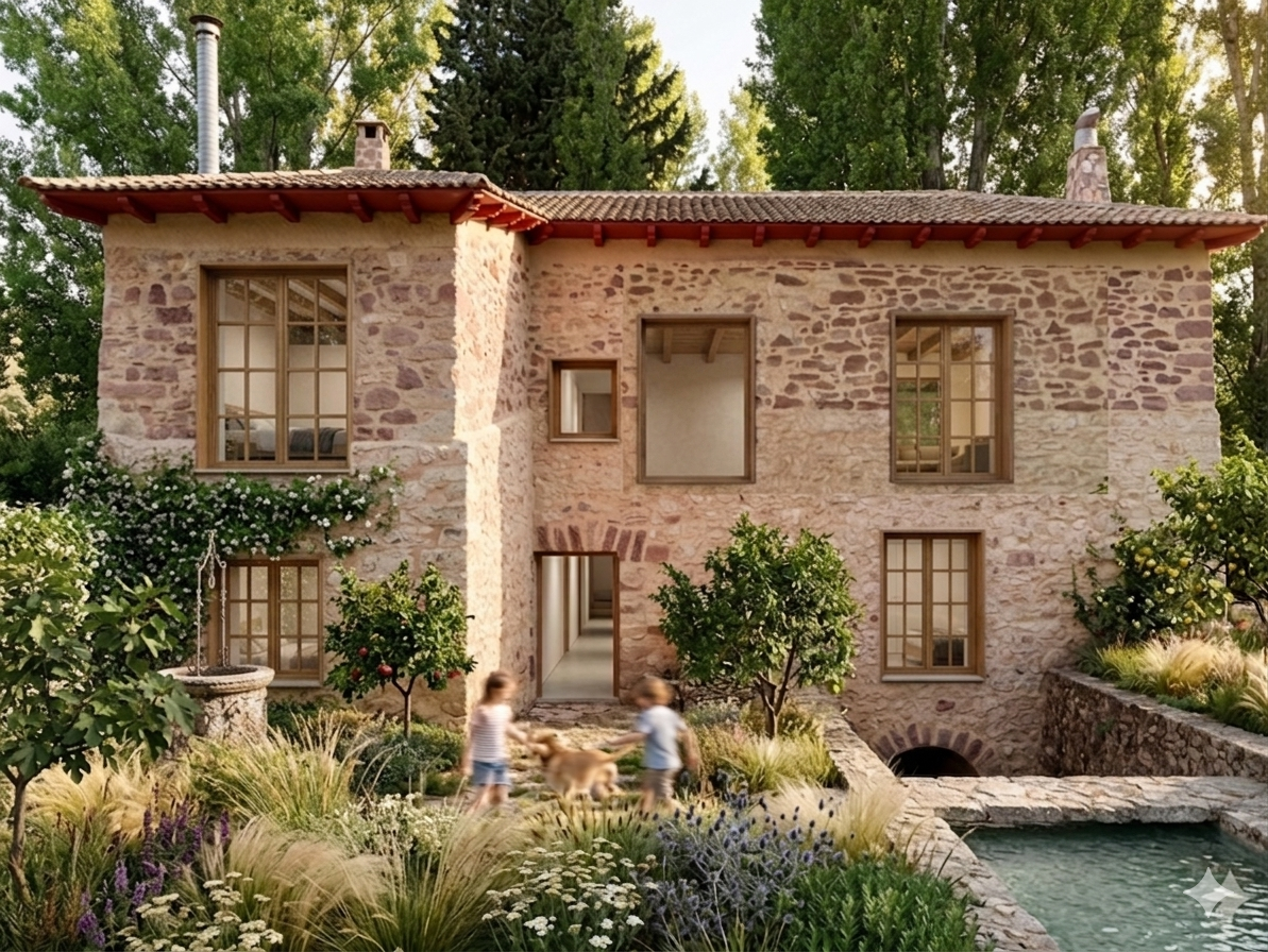 Casa rústica de piedra con techo de tejas, jardín florido, estanque y niños paseando un perro.