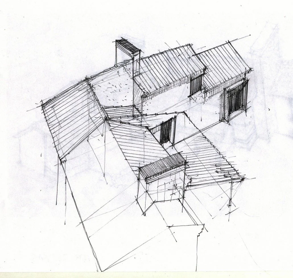 Dibujo arquitectónico en perspectiva de una vivienda con techos inclinados, patios interiores y ventanas.