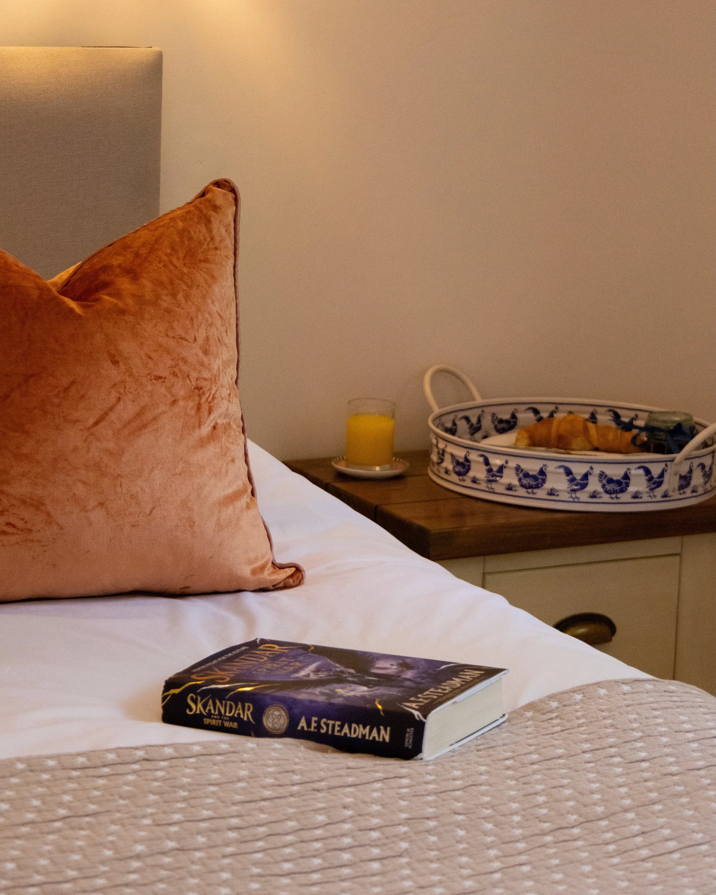A bedroom scene with a peach-colored pillow, a hardcover book titled 'Skandar' by A.E. Steadman on the bed, a side table with a glass of orange juice, a decorative bowl with fruit, and part of a white mattress.