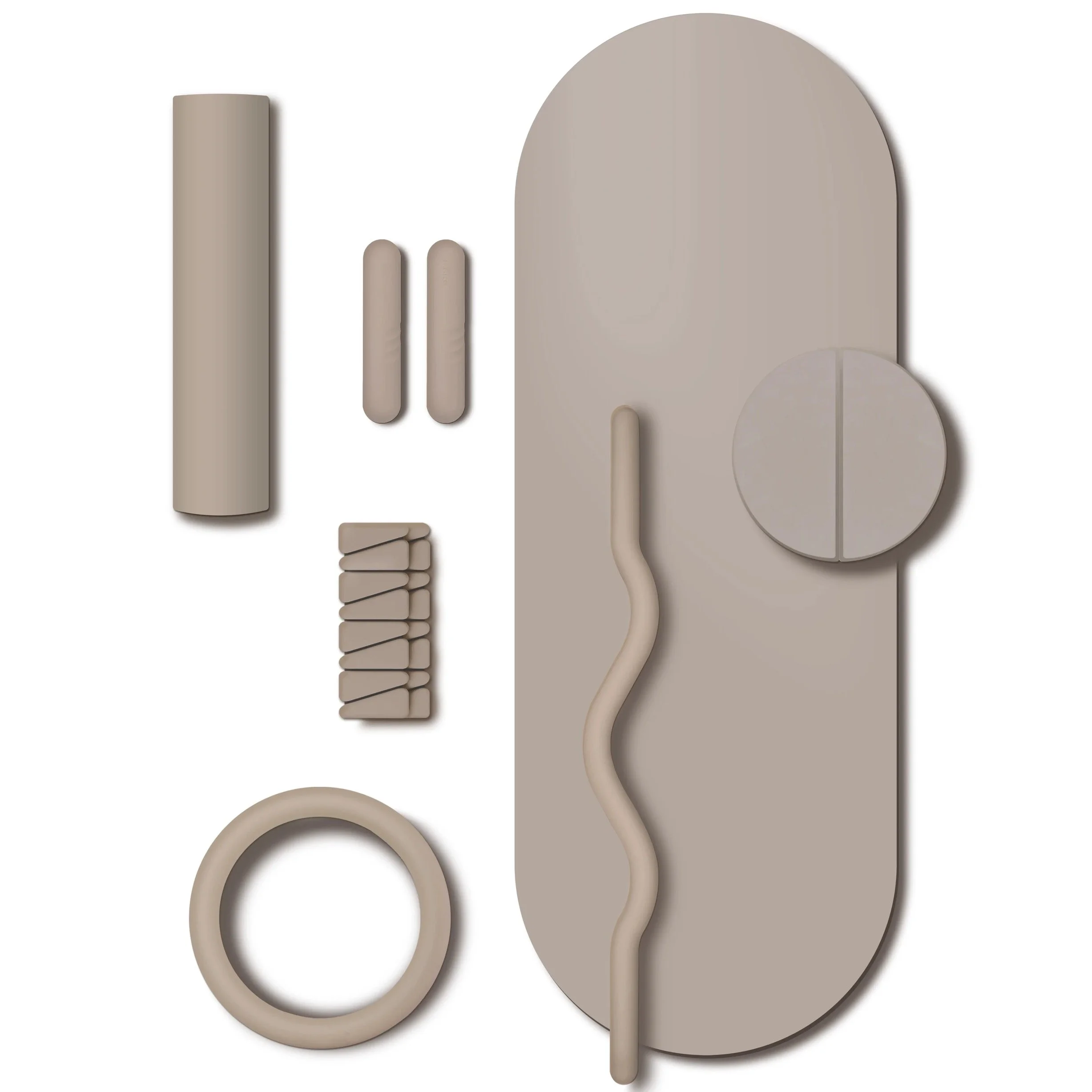 A collection of beige-colored objects that resemble abstracted human figures with circular heads, elongated bodies, and rounded limbs, arranged against a white background.