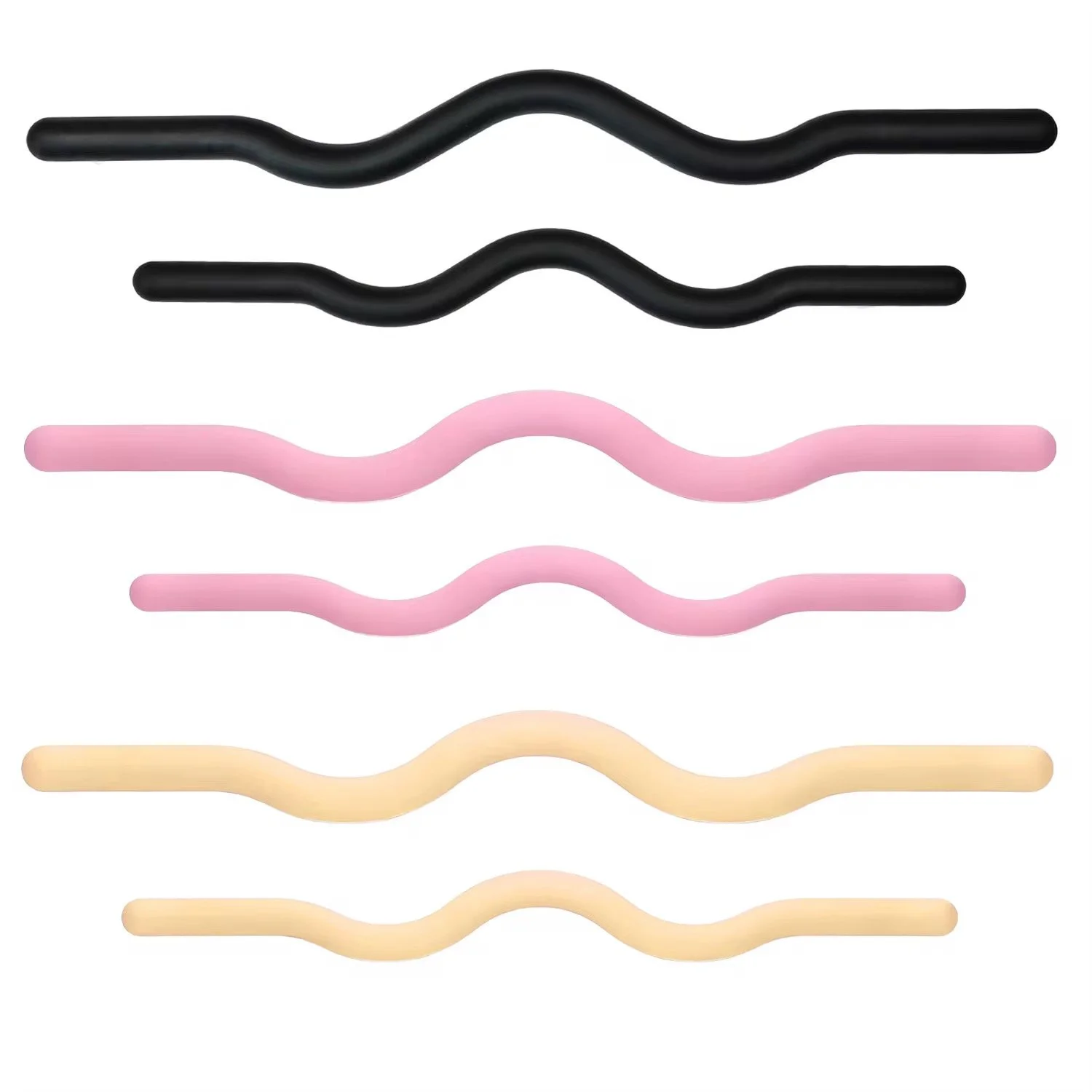 A collection of colorful curly plastic sticks arranged in a vertical line, including black, pink, and yellow colors.
