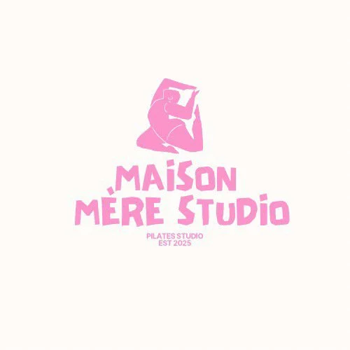 Logo for Maison Mère Studio featuring a pink silhouette of a woman in a yoga pose and the text "Maison Mère Studio Pilates Studio Est 2025" in pink.