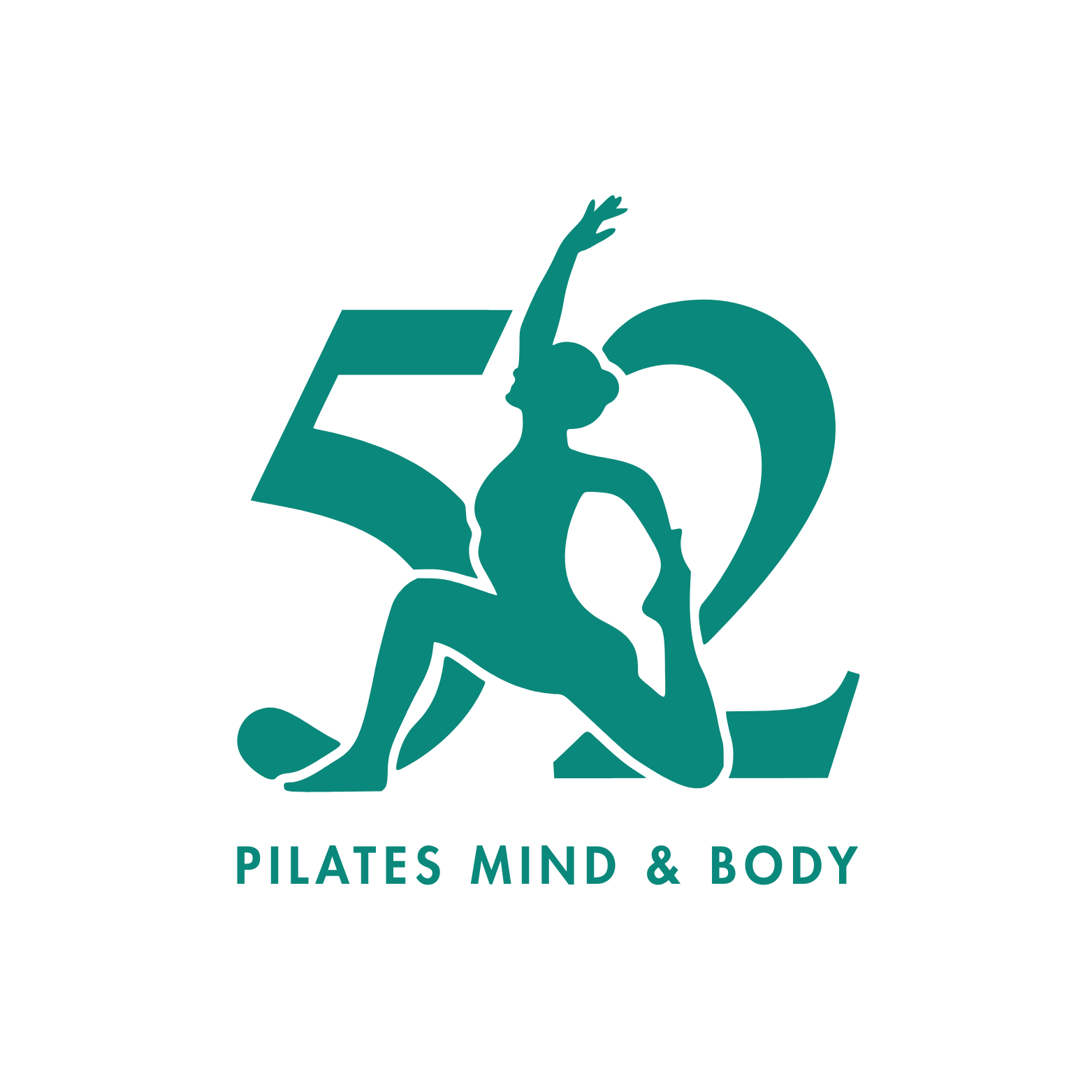 Logo of Pilates Mind & Body featuring a silhouette of a person in a Pilates pose, with large number 50 behind them, and text below reading "Pilates Mind & Body."