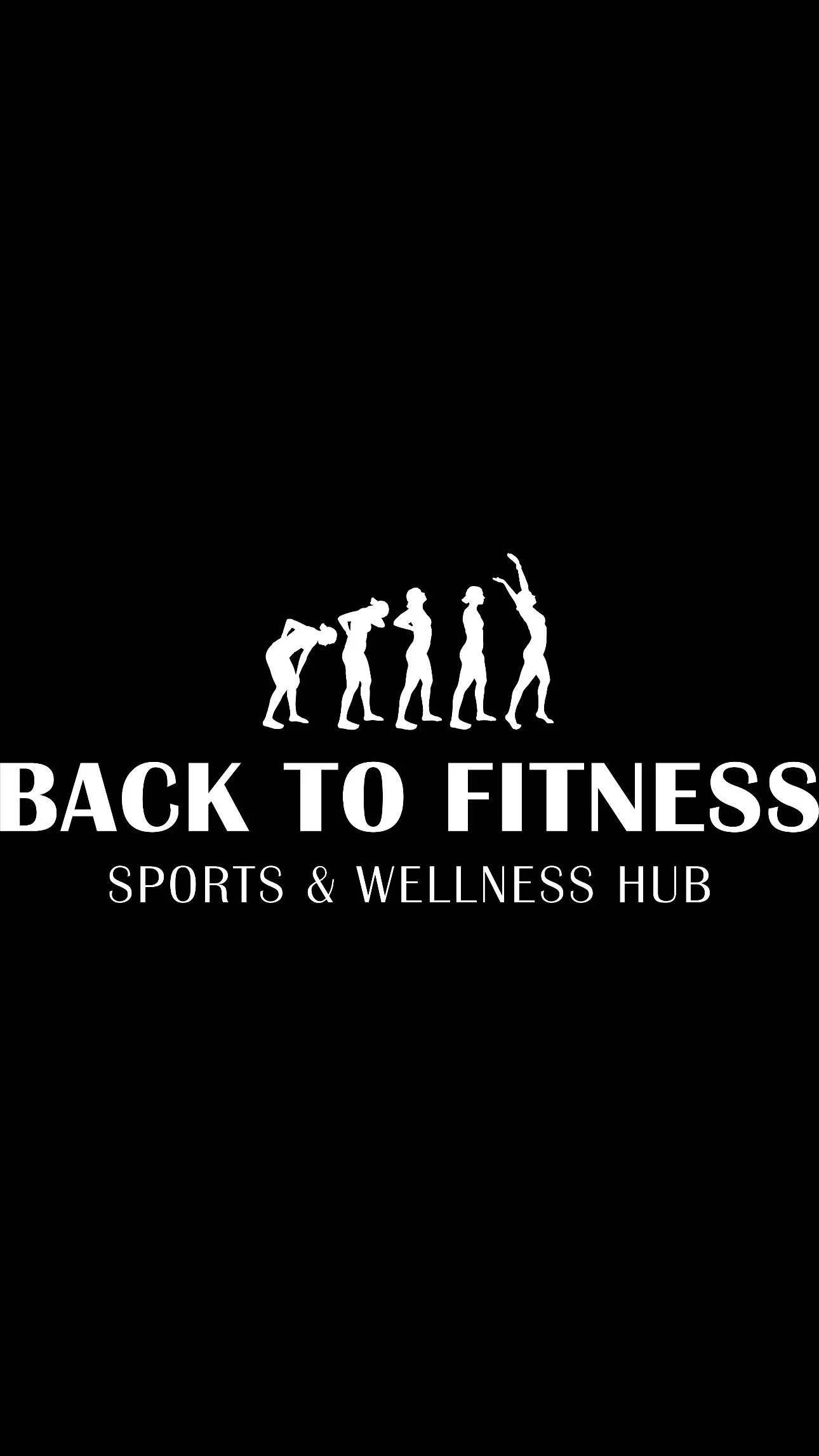 Fitness logo with silhouettes of human figures moving forward, text reads 'Back to Fitness Sports & Wellness Hub' on a black background.