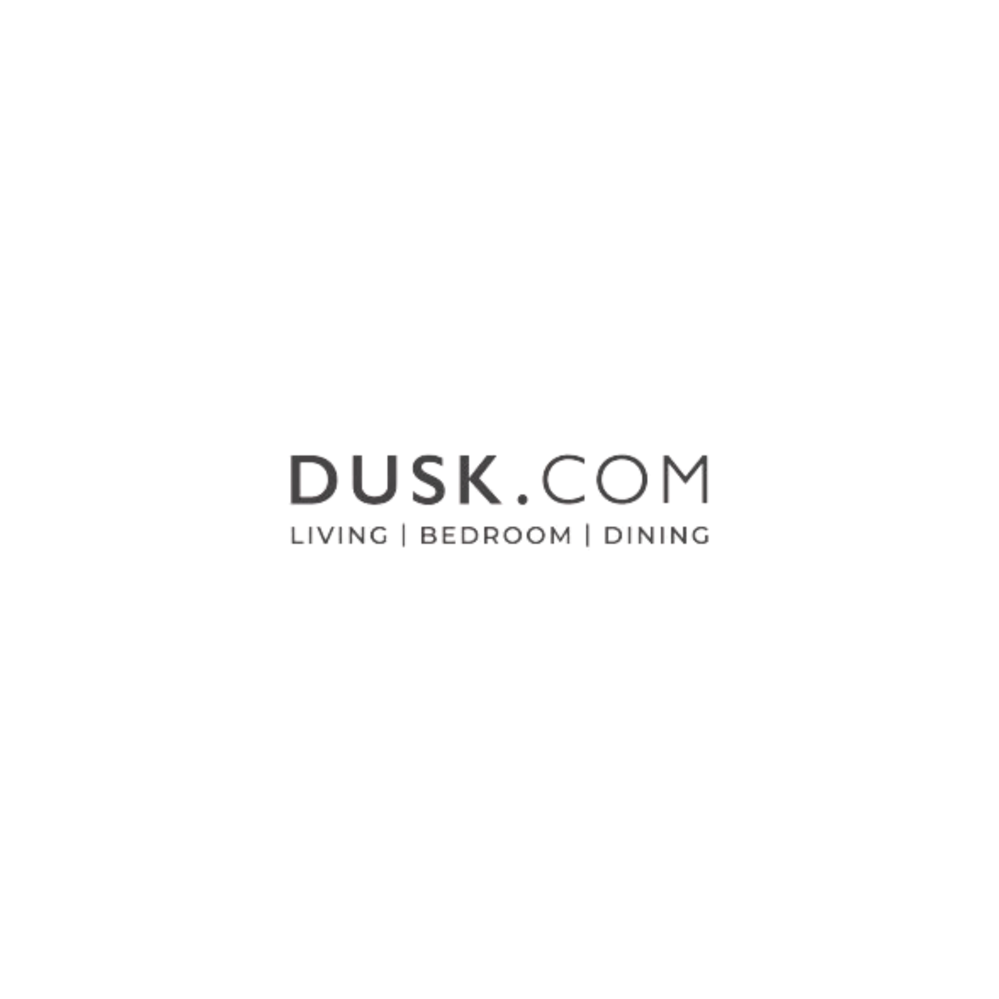 Image features a black background with the white and red text "DUSK.COM" and smaller white text below that reads "LIVING | BEDROOM | DINING."