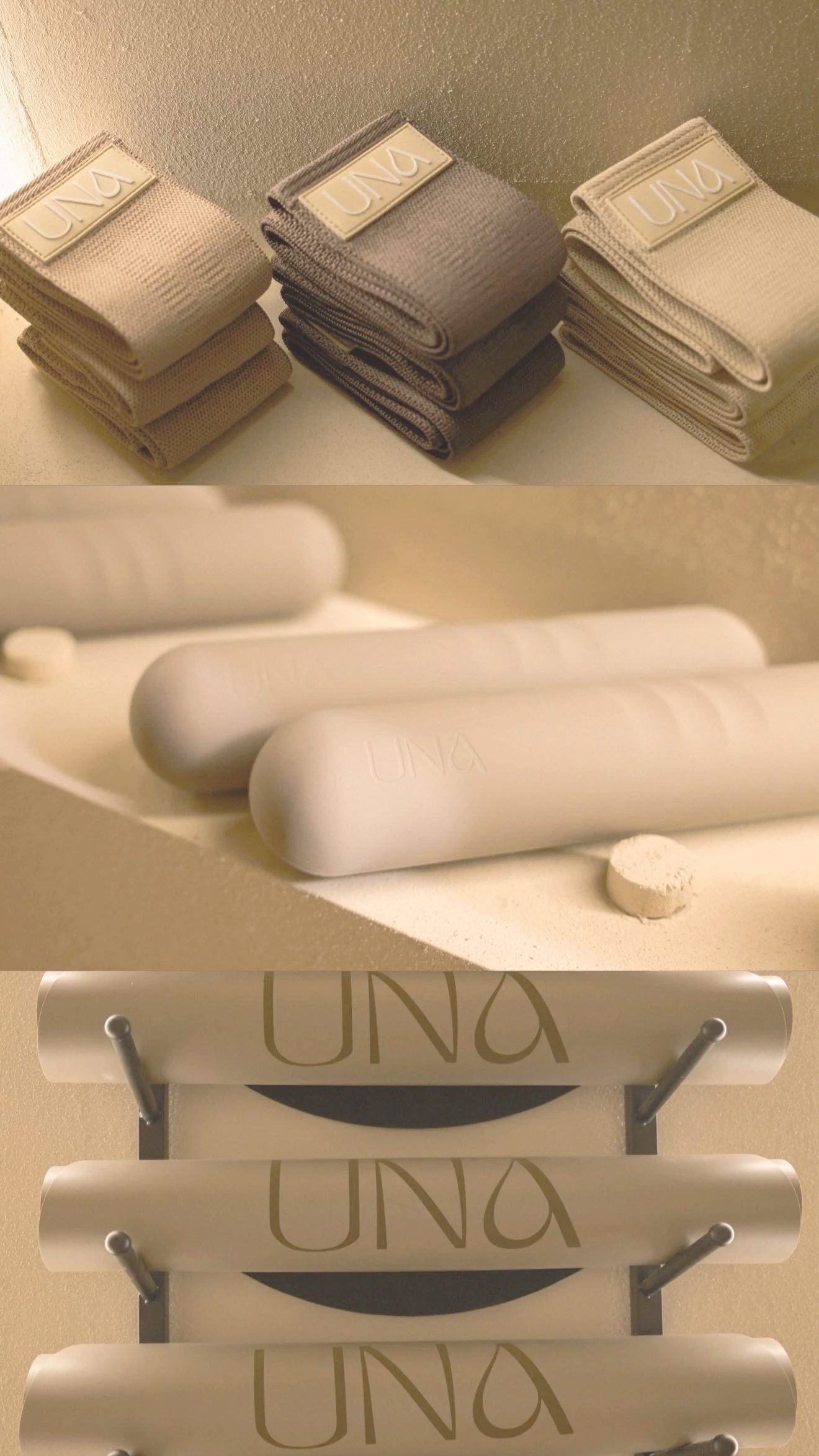Close-up of white UNO branded tabs and a white rectangular object with rounded edges on a display stand.