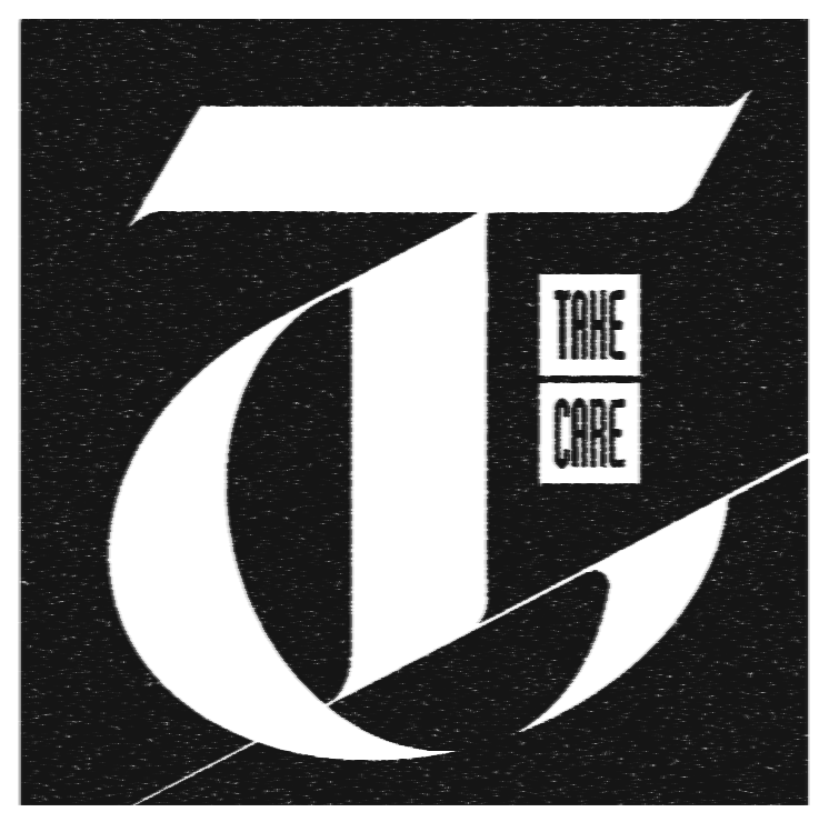 Black background with large white letter 'T', the phrase 'Time to Care' in smaller black text in white boxes next to it.