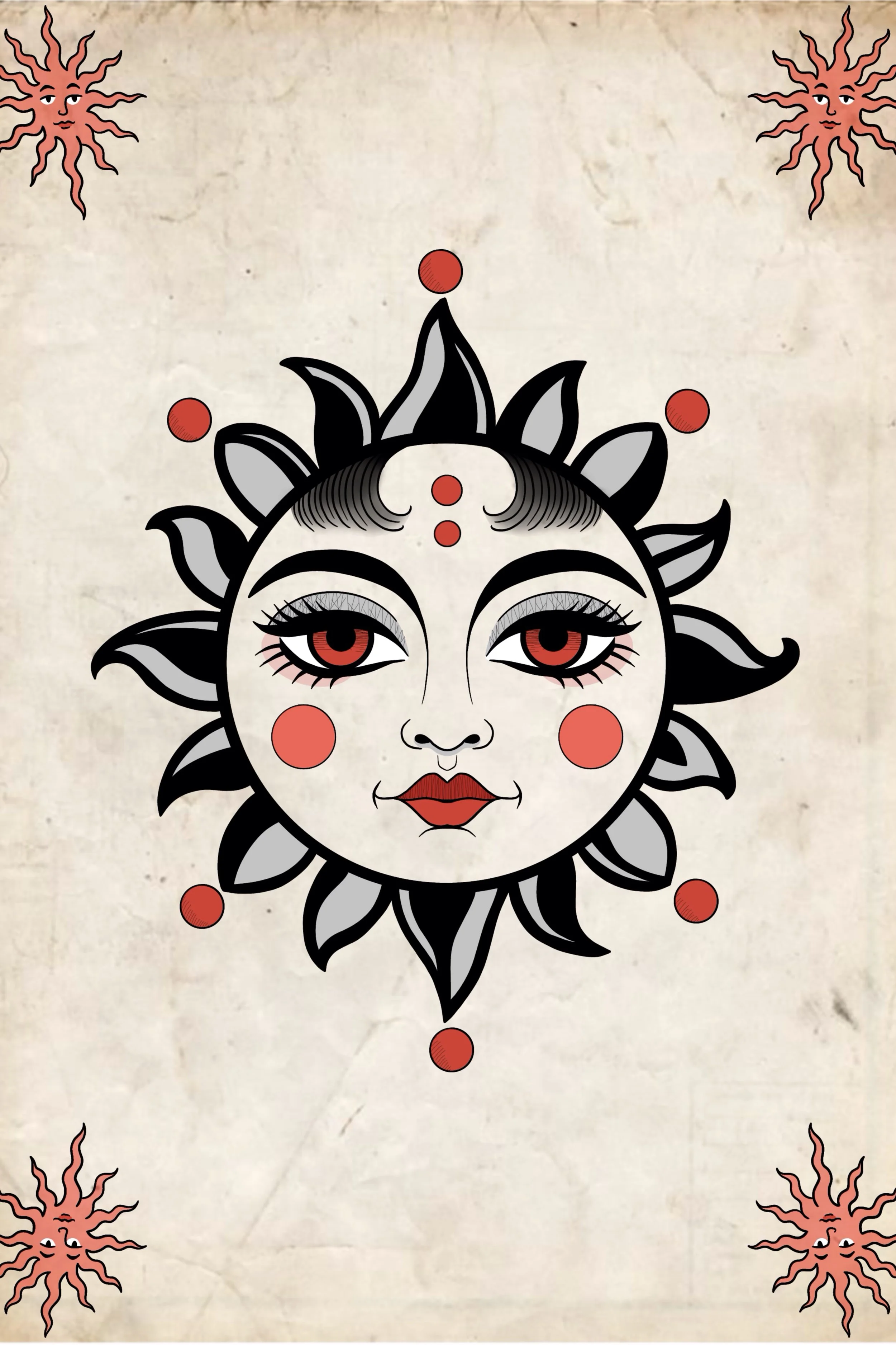Sun face tattoo flash design with black and grey rays and red accents, medieval illustration style