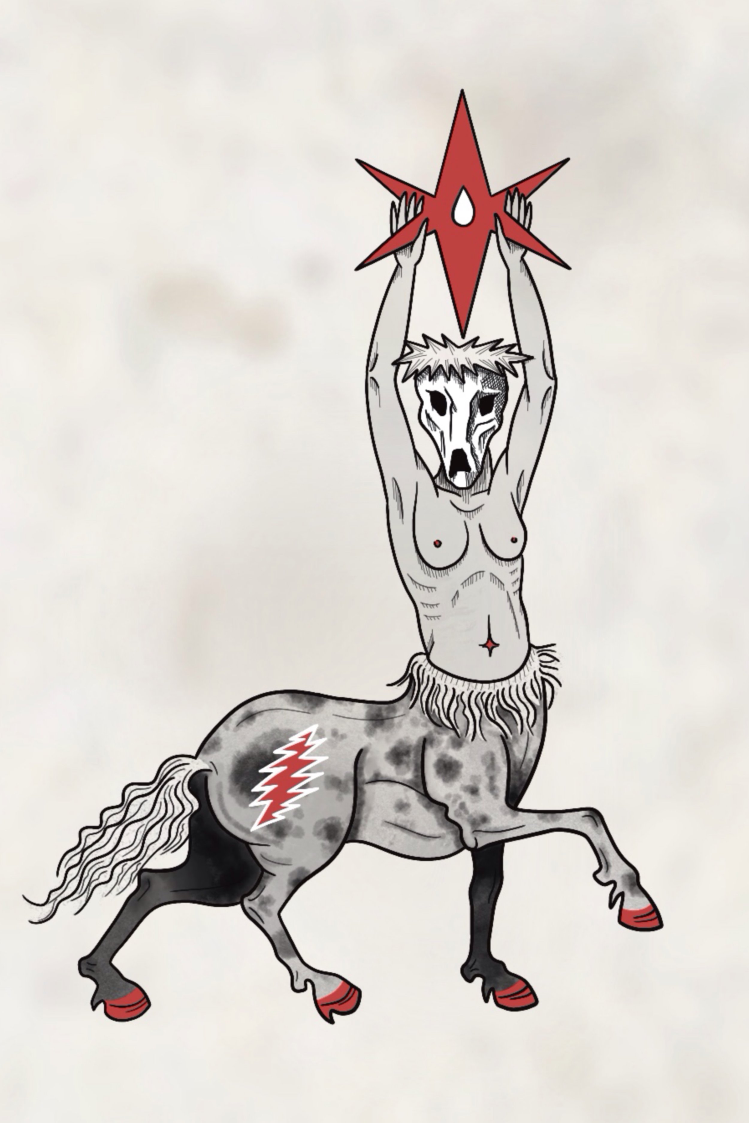 Nude centaur figure with a skull mask and star symbol above its head, surreal tattoo flash design