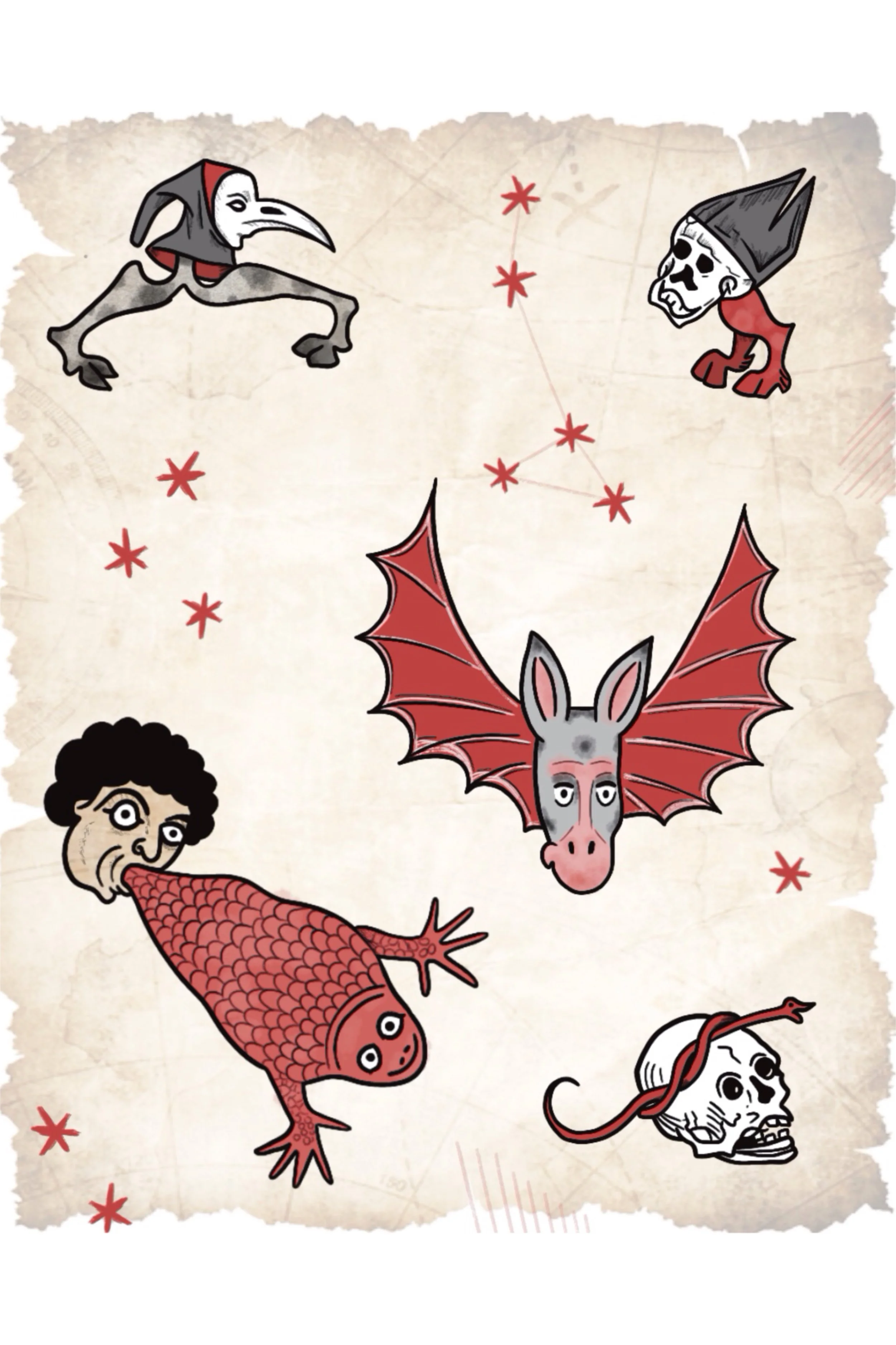 Tattoo flash sheet of whimsical creatures including a bird-headed jester, hooded skull figure, bat, and frog with a human head, medieval marginalia style
