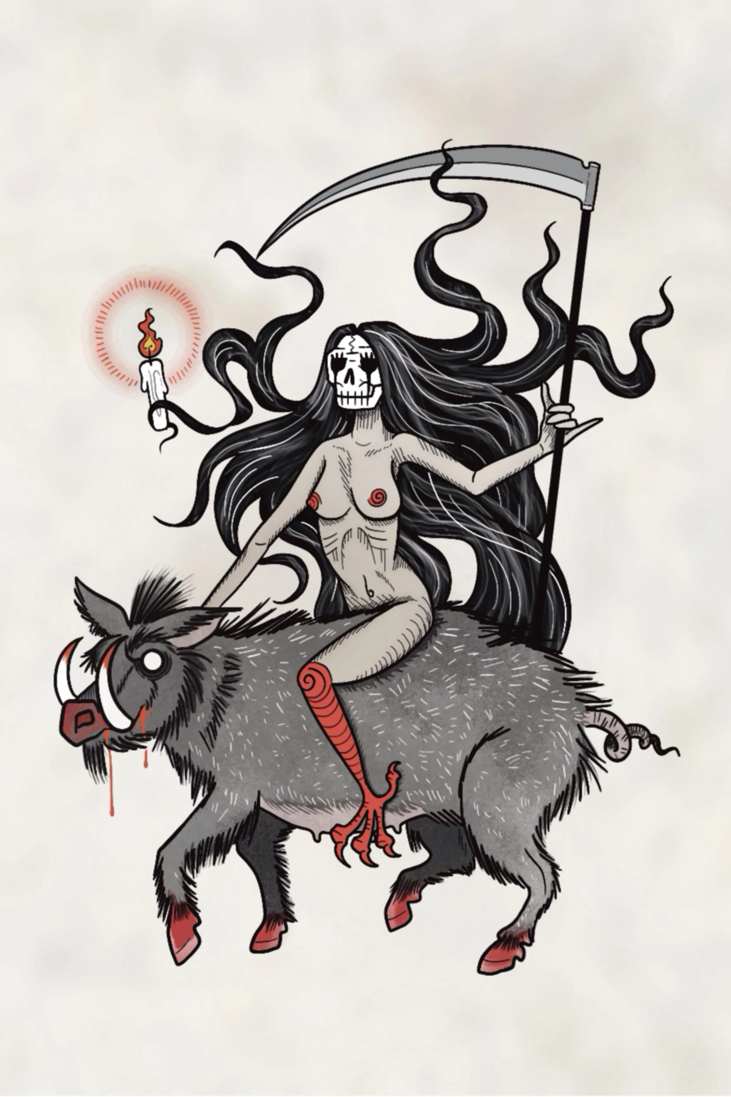 Nude figure with a skull face riding a boar, holding a scythe and candle, dark medieval tattoo flash design