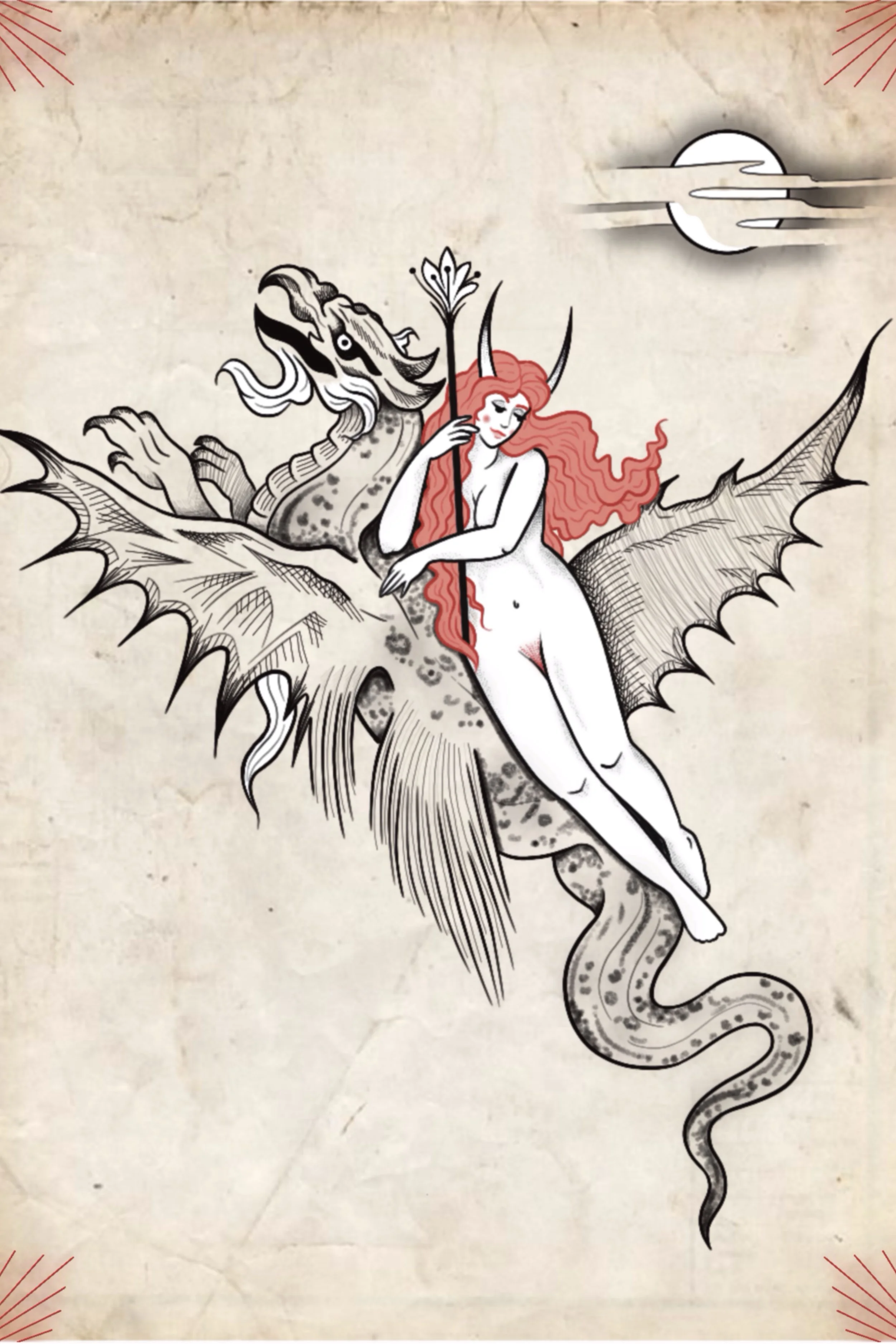 Nude woman with red hair riding a dragon and holding a spear, crescent moon in background, tattoo flash design