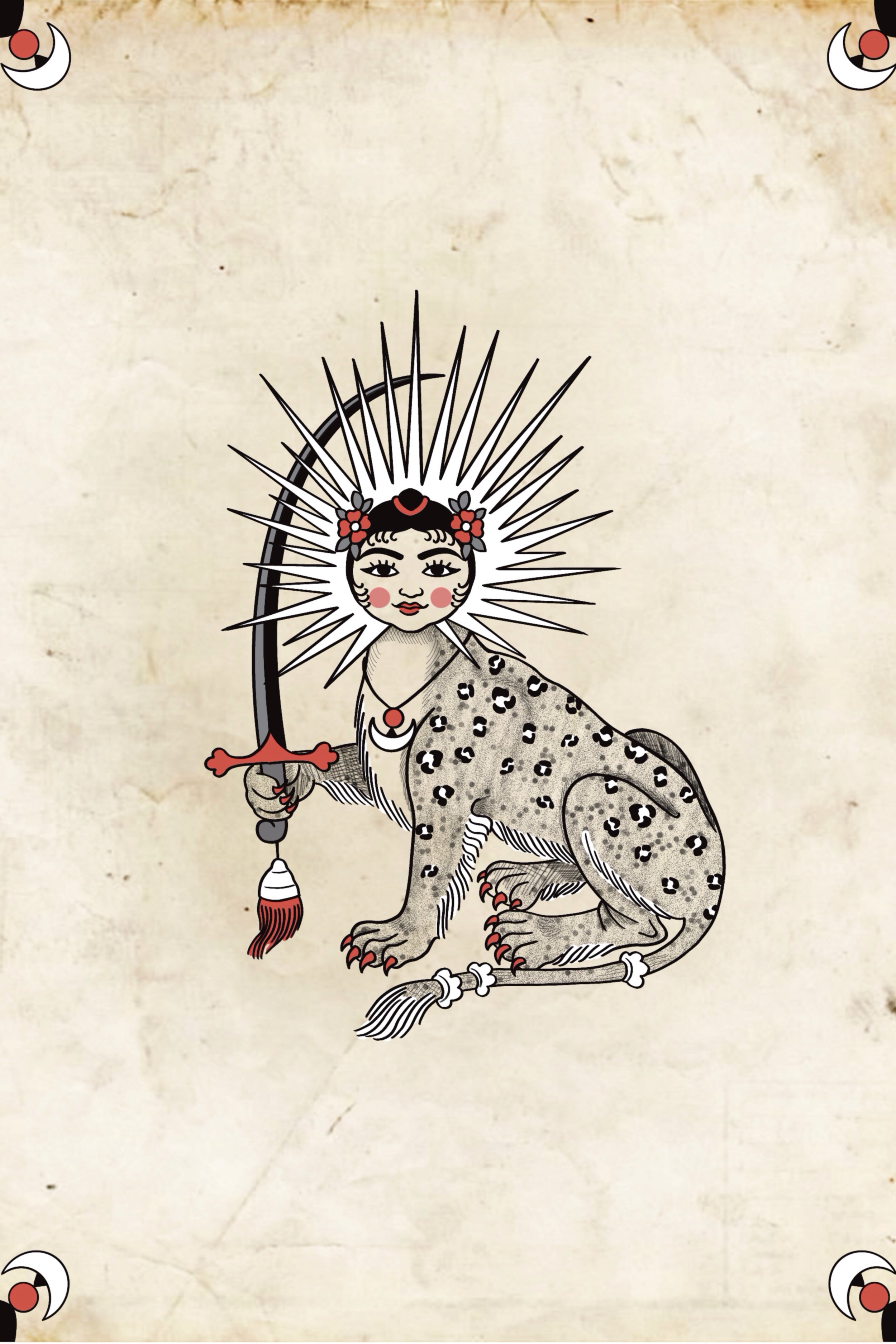 Spotted leopard creature with a spiked halo holding a sword, oriental medieval tattoo flash design