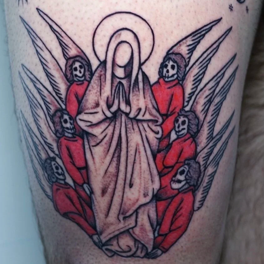 Fineline tattoo of a praying angel surrounded by skeleton figures in red robes with wings, medieval religious style