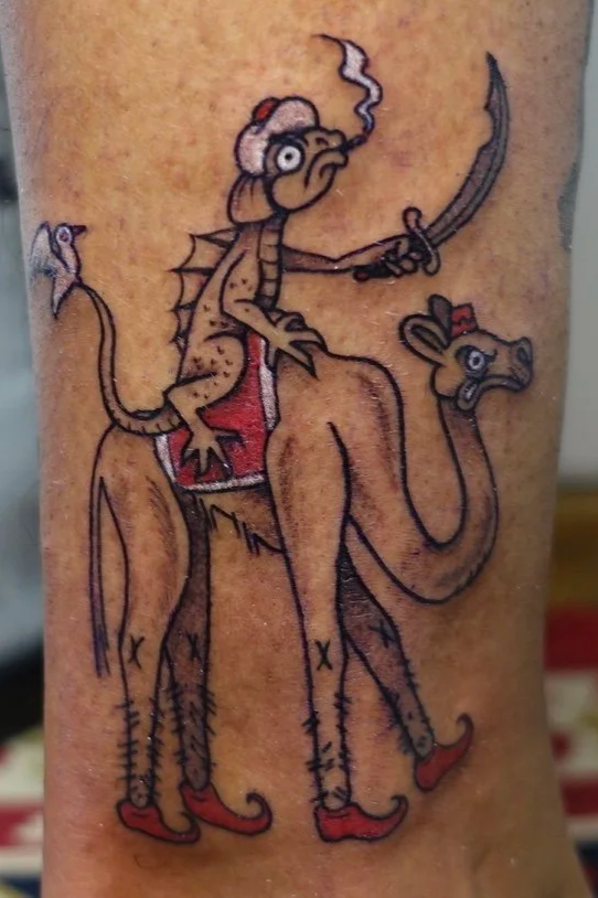 Color tattoo of a smoking lizard riding a camel with a sword, whimsical medieval style