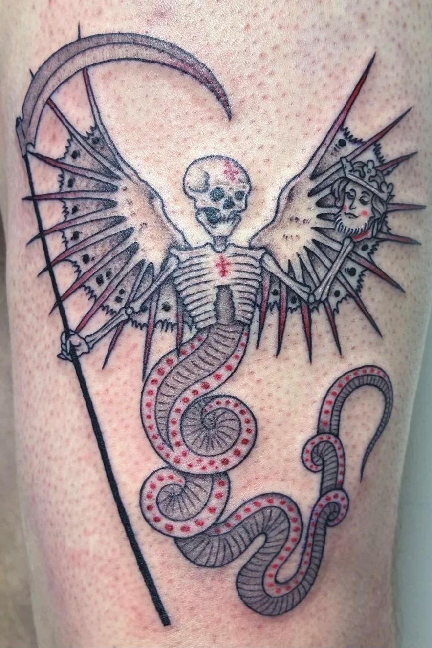 Color tattoo of a winged skeleton with a scythe and serpent, medieval memento mori illustration style