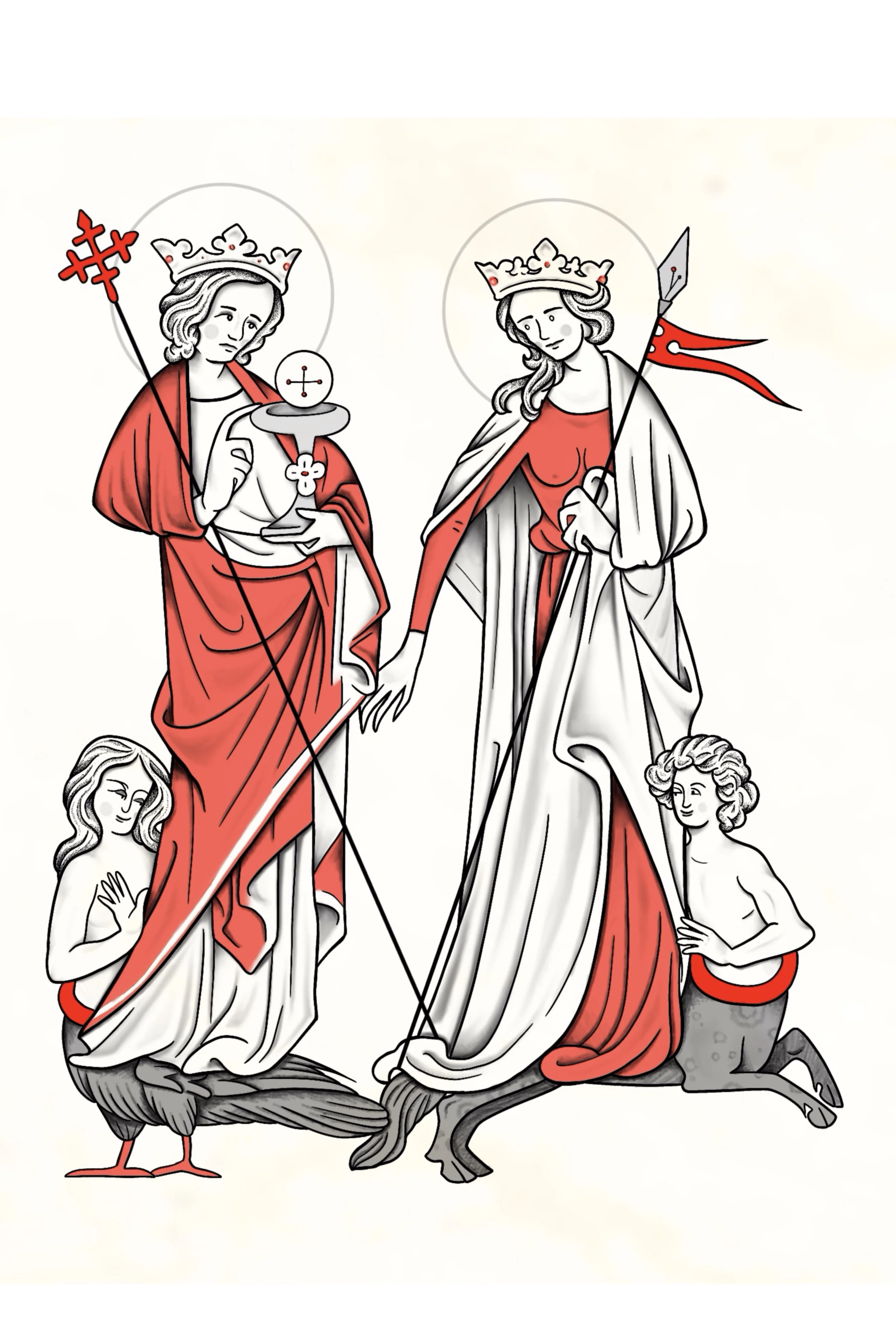 Two crowned robed figures with kneeling angels, medieval religious tattoo flash design
