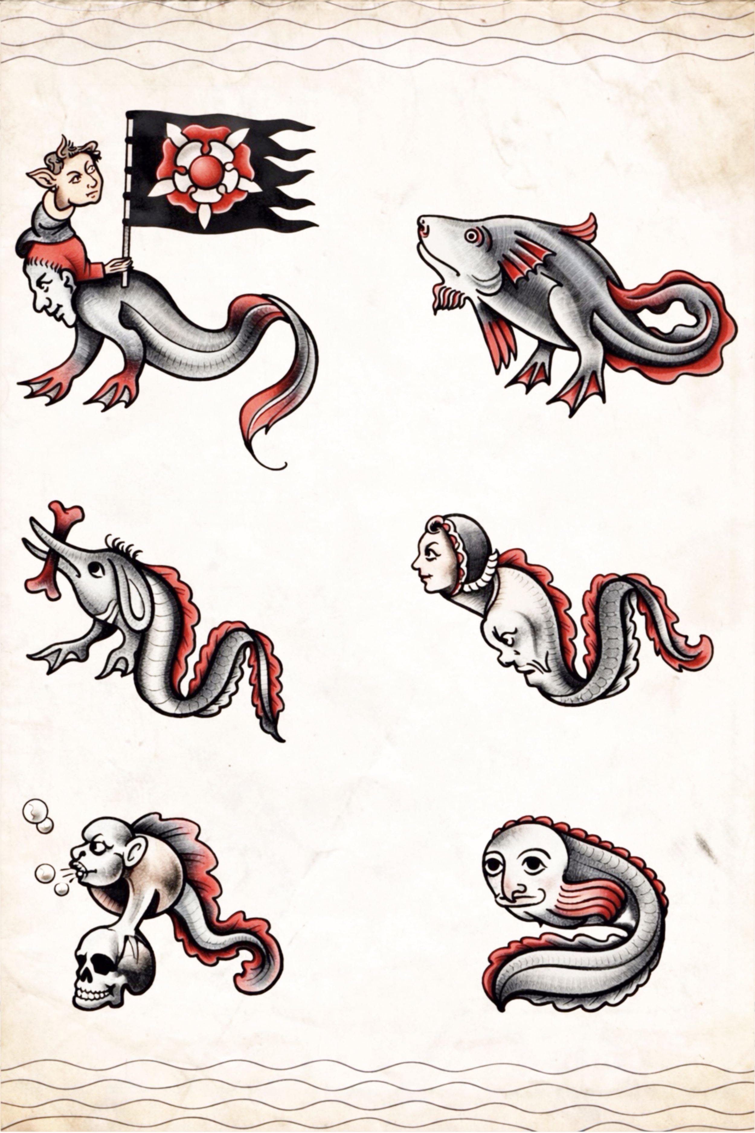 Tattoo flash sheet of sea creatures including fish and mermaid figures with human heads, medieval bestiary style